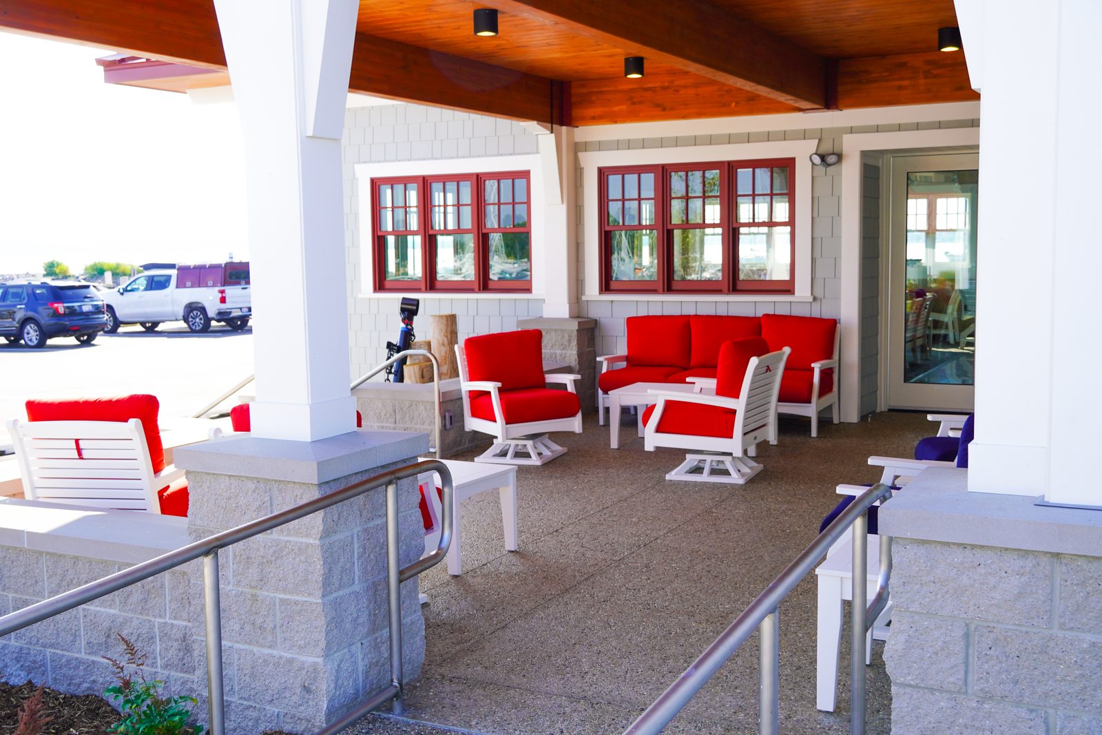 Covered patio seating just outside the Captain's Lounge.