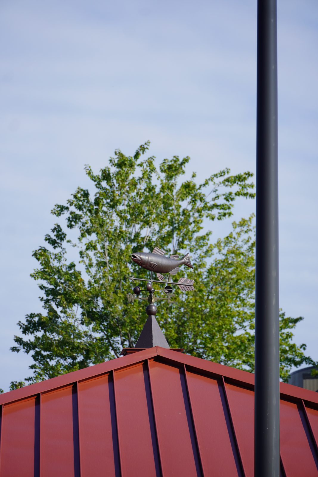 Copper fish-shaped weathervane perched atop the station's red metal roof.